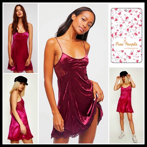FREE PEOPLE LACE TRIM VELVET MINI SLIP DRESS - Picture 2 of 8